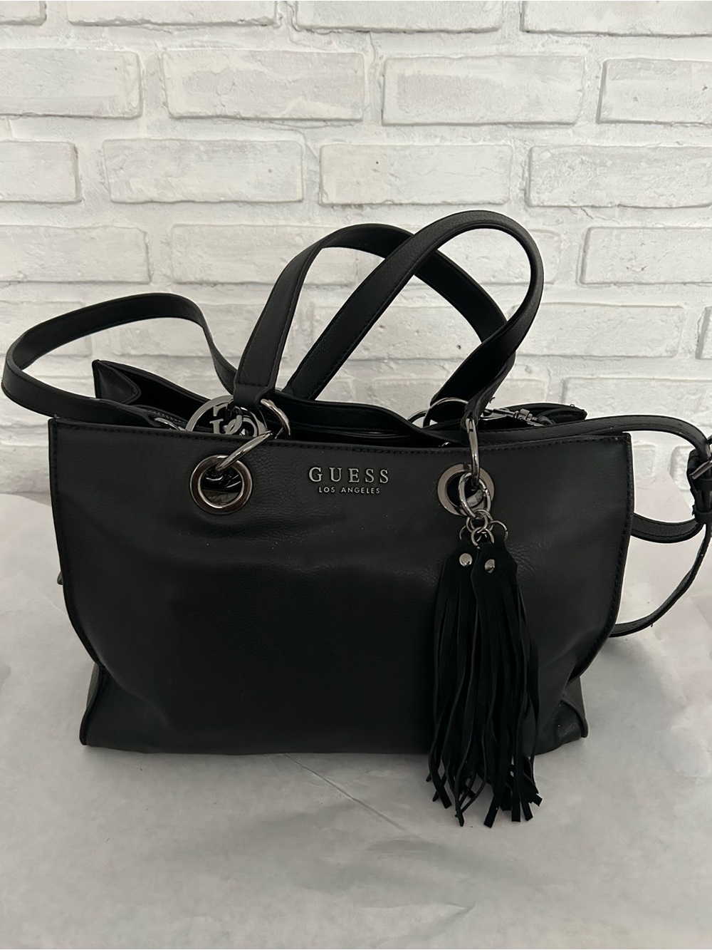 GUESS Black Leather Shoulder Tote with Tassel Charm